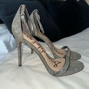 Sam Edelman Gold & Silver Leopard Print Strappy Stilettos